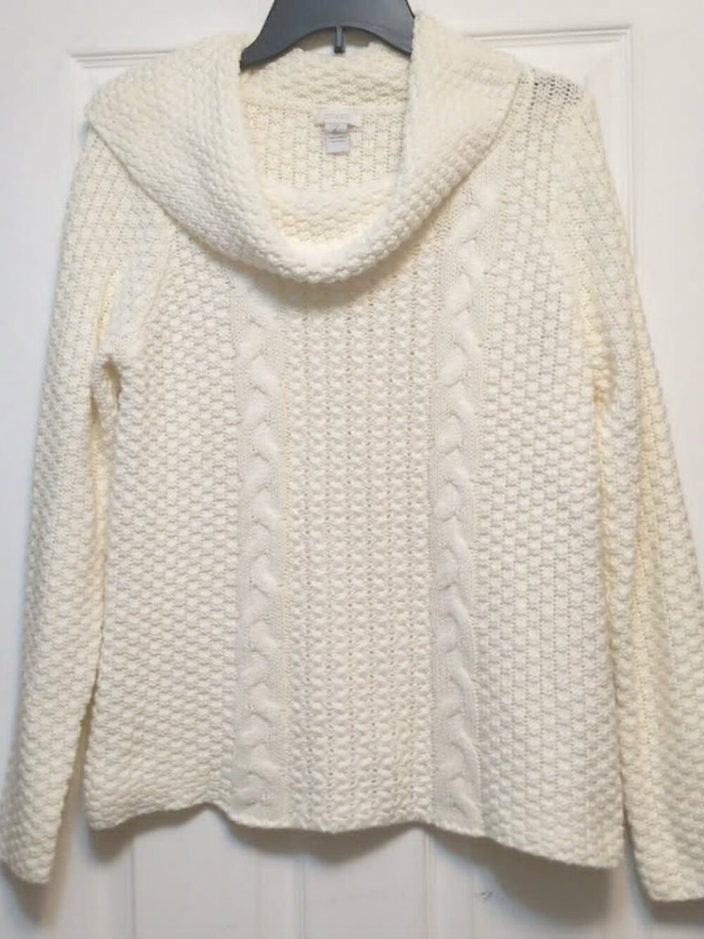 Chico's 2 Cowl Neck Cream Sweater Sz 12 Cable Knit Cozy Cottagecore Classic Ski